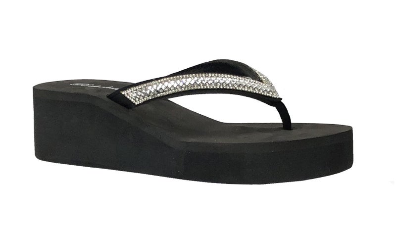 REDVOLUTION New Women's Rhinestone Sandals Platform T-Strap Jewel Sandals High Wedge Flip Flops (7, GEM [Black]) - Image 1